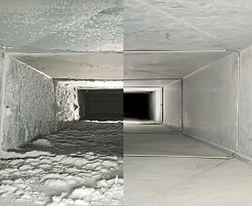 Duct interior before and after whole-system cleaning in a San Antonio TX home